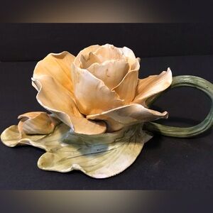 Vintage Yellow Rose Flower Candlestick Holder Porcelain